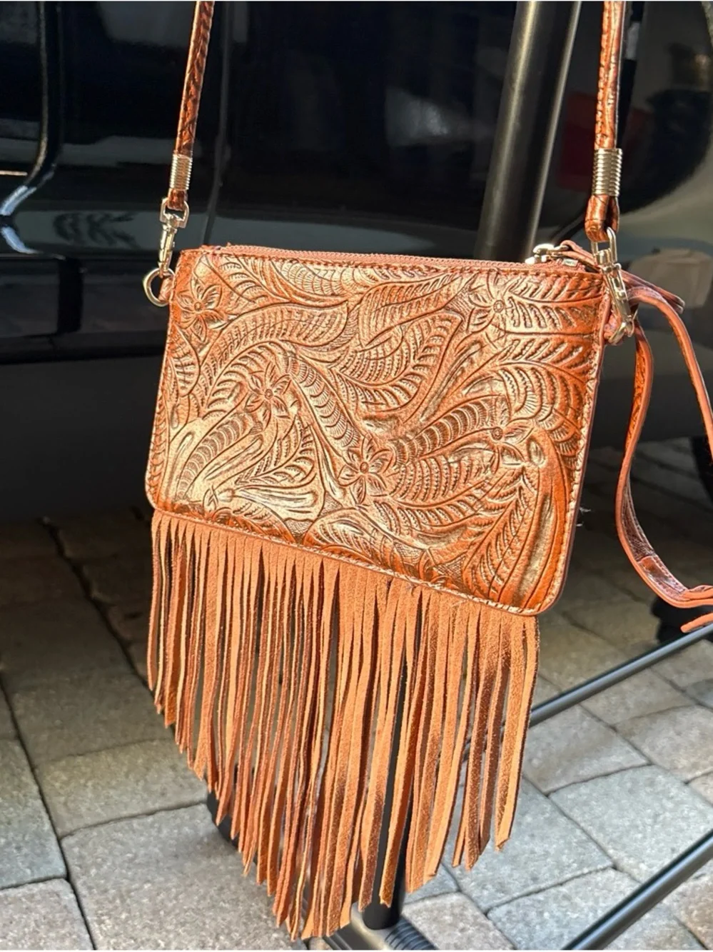 Fringed Tooled Leather Crossbody Bag - Copper Brown